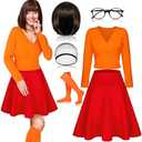 6 Pcs Halloween Adults Costume for Women Cosplay Orange Top Red Skater Skirt Brown Bob Wig Socks Glasses Costume,Size XL