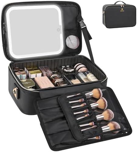Relavel Makeup Train Case With LED Mirror, Professional Travel Cosmetic Bag with Removable Partitions,Compact Makeup Organizer, Waterproof Toiletry Case for Women, Black