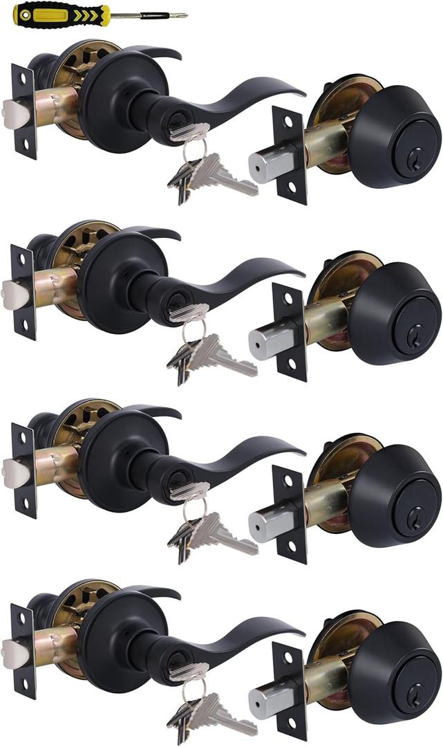 Lanwandeng Keyed Alike Front Door Lever Lockset with Single Cylinder Deadbolt Combination Set, All Keyed Same Exterior Door Handle with Lock and Deadbolt,Black Finished, 4 Sets