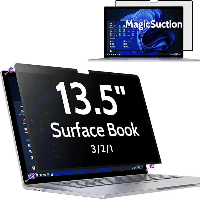 Peslv Privacy Screen for 13.5 Inch Surface Book 3/2/1, MagicSuction™ Removable Anti Spy Black Protector, Glare Blue Light Filter for Microsoft Laptop Computer Monitor