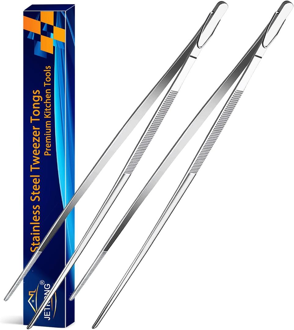 JETKONG 2 Pieces Extra-Long Tweezer Tongs 12-Inch Stainless Steel Tweezers Chef Tweezers (12" Point Tip-silver)