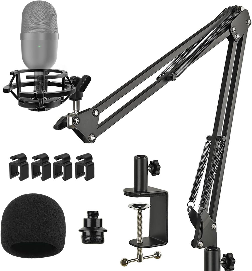 Razer Seiren Mini Boom Arm Mic Stand with Pop Filter, Shock Mount, Upgraded Heavy Duty Clamp, Adjustable Suspension Scissor Boom Arm Stand for Razer Seiren Mini USB Streaming Microphone Frgyee
