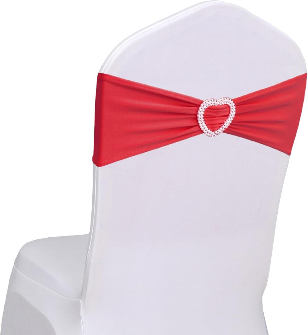 Red Chair Sashes 60 Pack Spandex Red Sashes for Chairs Universal Spandex Chair Sashes Bands with Heart Buckle Slider for Wedding Banquet Party Decorations