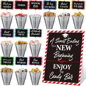 25 Pcs Graduation Candy Buffet Party Decoration Graduation Table Candy Bar Snack Labels Signs and 5'' Buckets with Handle for Class of 2026 High School College(Pure Style,Silver Color)