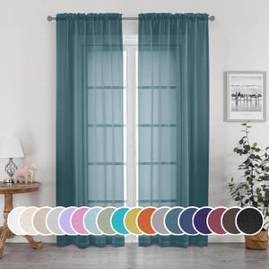OWENIE Teal Sheer Curtains 84 inches Long 2 Panels Set, Light Filtering Rod Pocket Fimly Sheer Curtains with Soft Touch for Bedroom Living Room, Dusty Blue Farmhouse Curtains, Each 42Wx84L inch