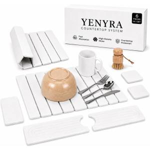 6-Pack Large Stone Dish Drying Mat for Kitchen Counter 23”x15” - Quick-Dry Absorbent Diatomaceous Earth Mat Set - Stone Faucet Mat 4"x23" + 3 Stone Trays 4"x8", 4"x4"+ Bamboo Palm Brush (White)