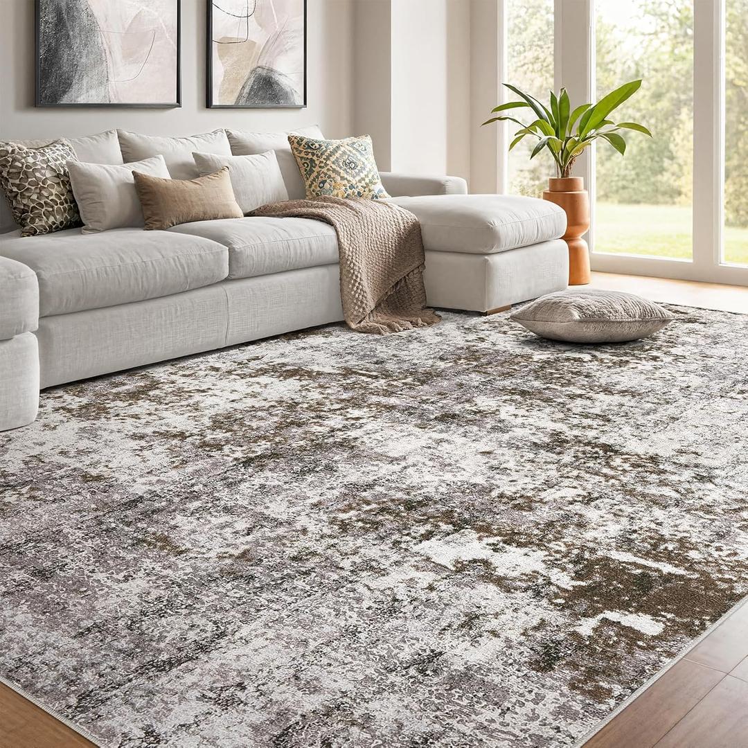 Living Room Area Rugs - 9x12 Washable Abstract Large Soft Indoor Rug Neutral Modern Low Pile Carpet for Bedroom Dining Room Farmhouse Home Office -Dark Brown
