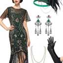 SWEETV Great Gatsby Lace Neck Flapper Dress - 1920s Dress for Women With Sleeve - Roaring 20s Costume (XXL, Green)
