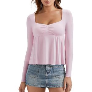OMKAGI Cute Peplum Babydoll Tops for Women Going Out Double Layer Long Sleeve Shirts (Pink, S)