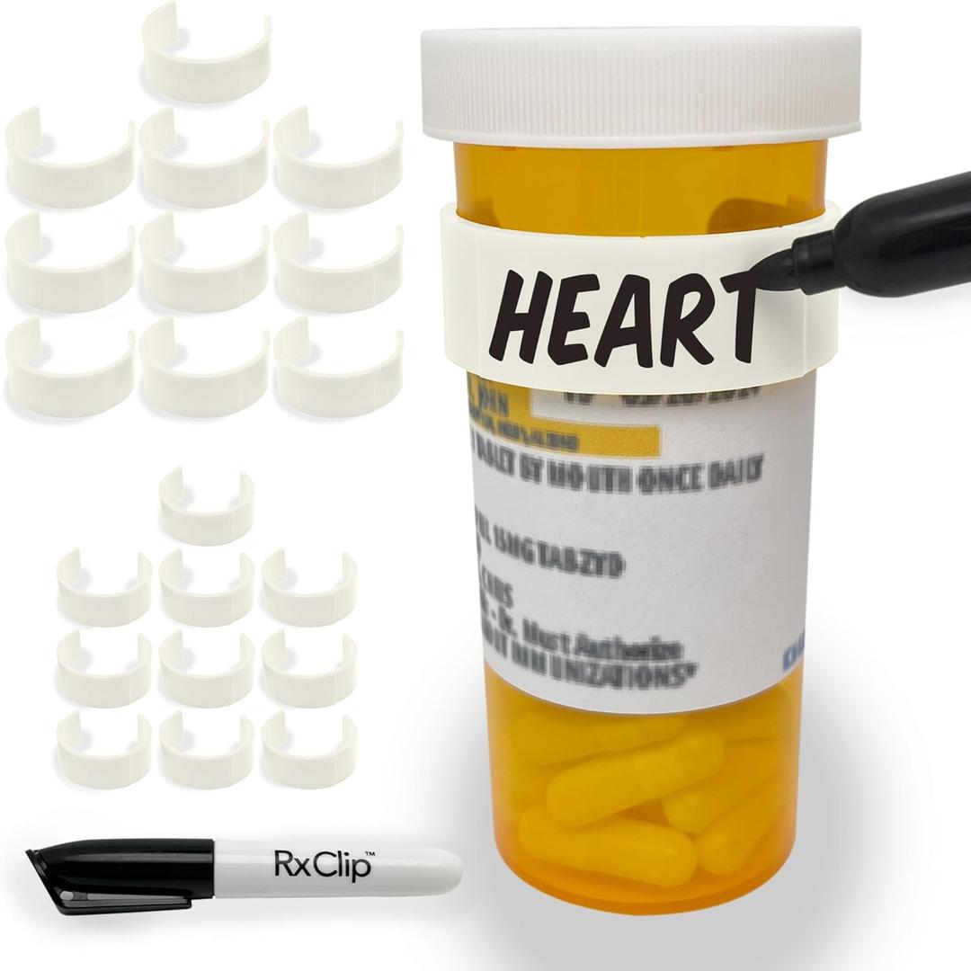 20 Pack Medicine Bottle Label Clips for Easy Medication Identification - 20ct Multipack with Marker (White)