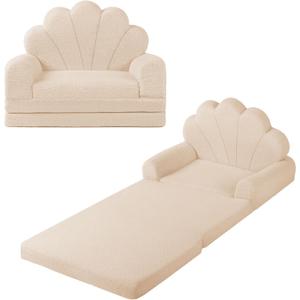 spanspace 2-in-1 Kids Couch, Toddler Couch Fold Out, Comfy Toddler Chair, Convertible Kids Sofa to Lounger with Pocket and Removable Cover (Beige)