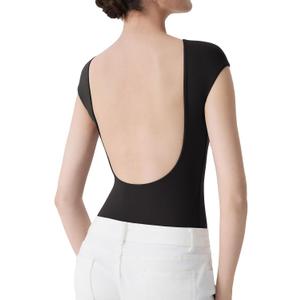 SUUKSESS Women Backless Y2k Short Sleeve Bodysuit Double Lined Open Back Sexy Basic Top (Small, Black)