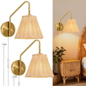 Rattan Plug in Wall Sconces Set of 2, Boho Swing Arm Plug in Sconce, Hand Woven Wicker Wall Lamps for Bedroom, Gold Wall Sconces with UL Certified Cord, Wrapped Rattan Sconce for Living Room