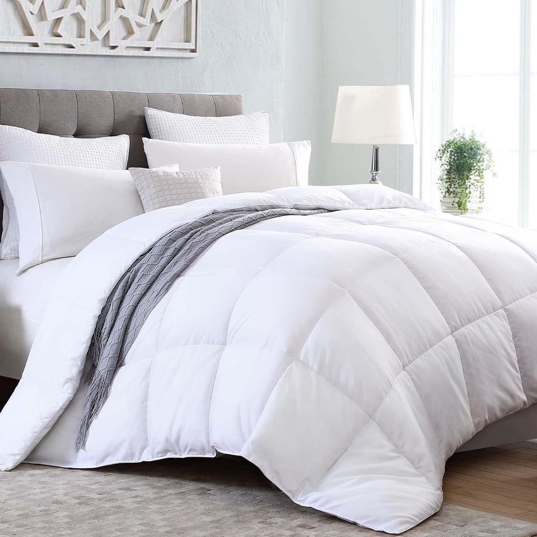 Kingsley Trend Queen Comforter Duvet Insert - All Season Quilted Ultra Soft Breathable Down Alternative, Box Stitch White Comforter with Corner Tabs, 90x90