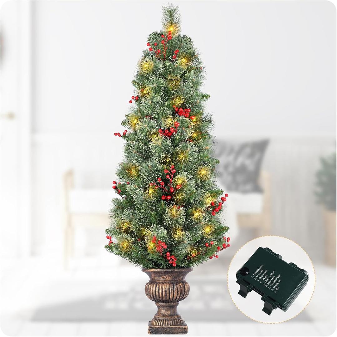 Gfialy 4ft Porch Christmas Tree,Mixed Pine Potted Christmas Tree for Front Porch with Berry Clusters and 100 Clear LED Lights Decorations OutdoorBattery Box