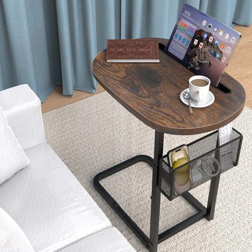 Fashion TV Tray Table with Large Tabletop, Adjustable Sofa Table with Storage Baskets, Strong Metal Frame, Tv Dinner Tray Table for TV Watching, Meals, Snacks (Oval, Brown, 16.93inch x 12.6inch)