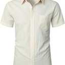 ZEROYAA Men's Fitted Cotton Linen Casual Short Sleeve Button Up Shirts Lightweight Beach Tops with Pocket, L