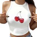 Women's Y2K Cherry Pattern Round Neck Vest Summer Sleeveless Casual Crop Top Tank Top XS