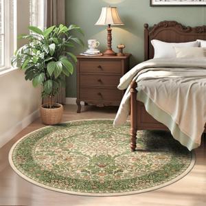 4ft Round Area Rugs for Living Room, Washable Floral Circle Rug Non Slip Low Pile, Vintage Boho Botanical Birds Throw Carpet for Farmhouse, Bedroom, Dining Room, Retro Pink/Green