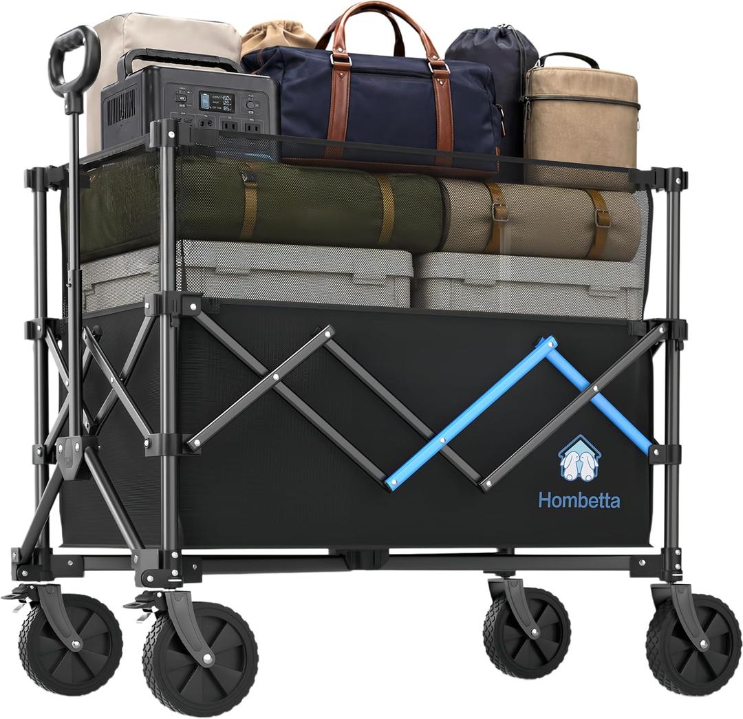 39" Collapsible Wagon Cart, 450 lbs Heavy Duty Folding Wagon with Brakes, Adjustable 150L-300L Utility Wagon with All-Terrain Wheels for Camping, Garden, Beach and Shopping