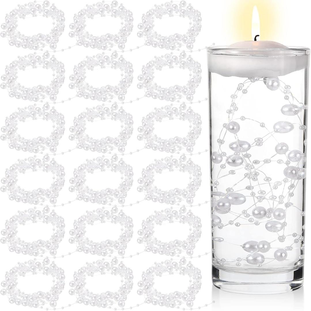 Hicarer 157 Feet 24 Strings Pearl String for Floating Candles Highlight Faux Pearl as Vase Filler Ideal for Wedding Party Garland Home Table Centerpieces Decor(White)