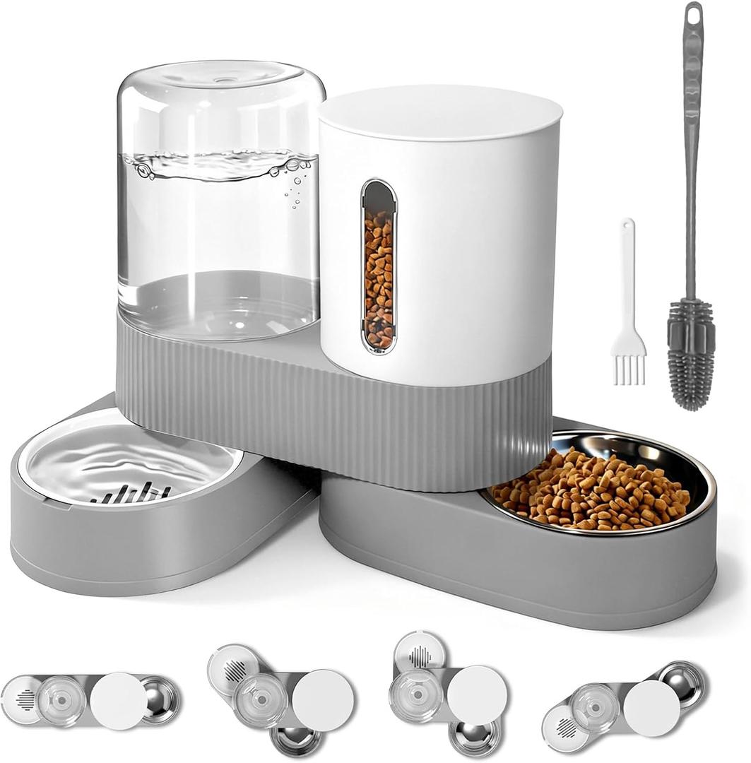 Automatic Gravity Cat Dog Feeder and Water Dispenser with 304 Stainless Steel Bowls 2 in 1 360 Degree Rotatable Auto 2.4L Dry Food and 2.6L Water Bowl for Small Medium Pet Dog Puppy Kitten (Gray)
