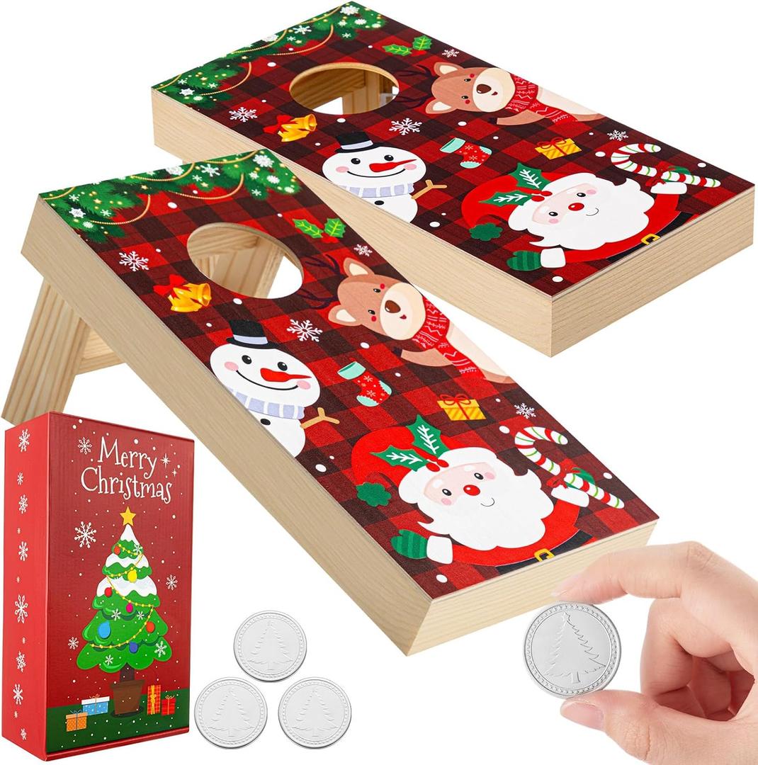 Sosation Christmas Mini Tabletop Cornhole Game Set 5" W x 10" L Mini Cornhole Board with Xmas Gift Box and 12 Coins Portable Wooden Desktop Toss Game Set for Family Christmas Party Prize Travel Home