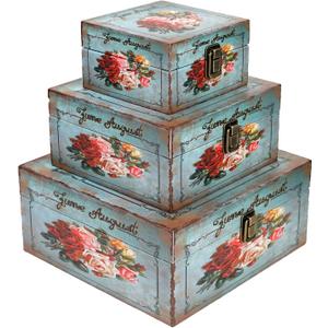 Jolitac Wood Storage Box Set of 3, Vintage Decorative Nesting Boxes Wooden Treasure Storage Crates With Latch, Home Decor Rustic Antique Boxes With Lid for Photos, Jewelry, Cash (Bloom)