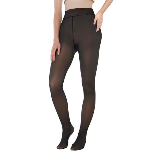 EXQUISLIFE Fleece Lined Tights Sheer Women - Fake Translucent Warm Pantyhose Leggings Sheer Thick Tights, for Winter - Black 2 Pack, One Size