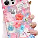 ZIYE for iPhone 15 Pro Phone Case Glitter Glossy Pink Coastal Beach Ocean Sea Shell Floral Collage for Women Girl Slim Shockproof Protective Phone Cover