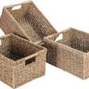 Large Wicker Basket Rectangular with Wooden Handles for Shelves, Seagrass Basket Storage, Natural Baskets for Organizing, Wicker Baskets for Storage - 3 Pack Large (Large - 14.5"x10.3"x7.5"H)