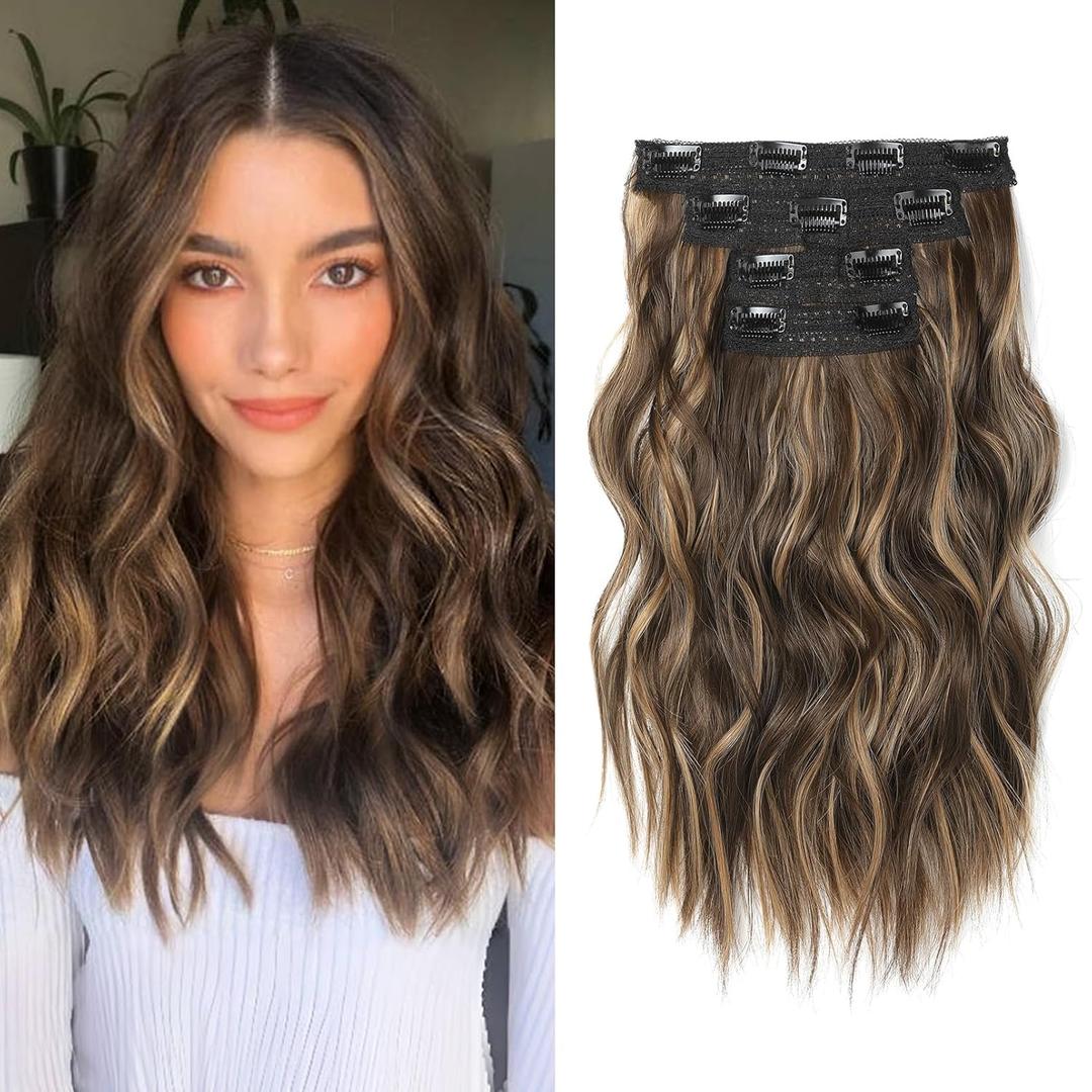 14" Short Clip in Hair Extensions - 4PCS Beach Wave Chocolate Brown With Highlights, Natural Soft Synthetic Hairpiece for Women