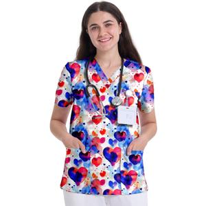 Scrub Tops for Women, V Neck Printed Scrub Tops, Medical Nursing Stretchy Shirts w/ 3 Pockets (X-Large, Colorful Hearts)