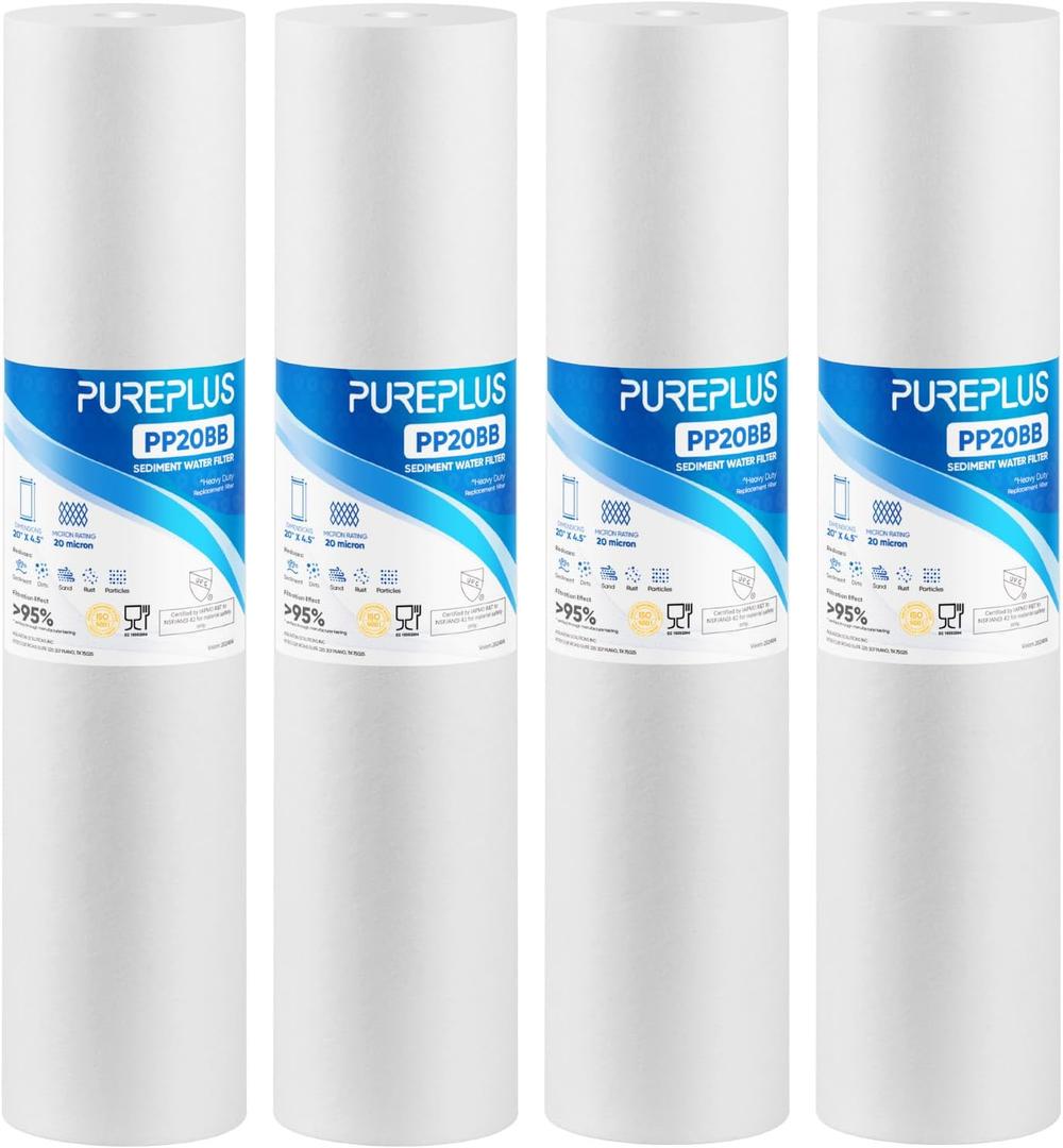 PUREPLUS 20 Micron 20" x 4.5" Whole House Sediment Home Water Filter Replacement Cartridge, Compatible with DGD-5005-20, AP810-2, P5-20BB, FP25B, FPMB5-20, 155358-43, SDC-45-2005, 4 Pack
