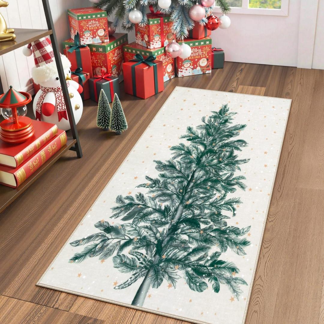 Lahome Christmas Rug Non-Slip 2x4 Rug Washable Small Runner Rug, Stain Resistant Hallway Runner Soft Beige Runner Rug for Bedroom, Christmas Tree Print Snowflake Holiday Decor Rug for Bathroom Entry