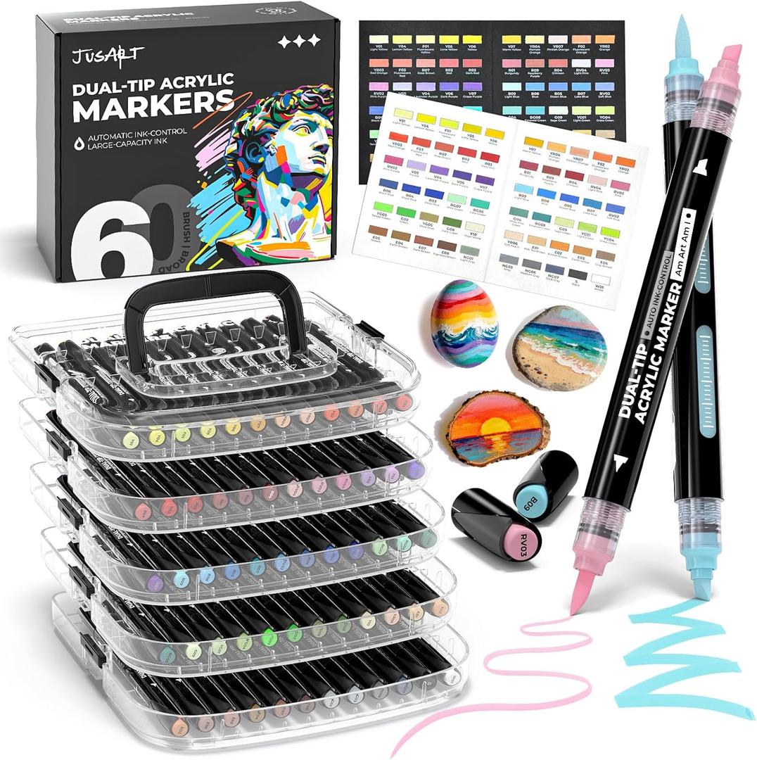 JusArt 60 Colors Automatic Ink Control Acrylic Paint Markers,Dual Tip with Broad Tip and Brush Tip Pens for Ceramic, Wood, Canvas, Glass, Stone, Fabric, DIY Crafts Art Supplies Kit for Adult