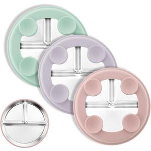 Bakpoco Stainless Steel Suction Plates for Toddlers, 8" Divided Kids Baby Plates with Removable Silicone Suction, Non Toxic Non Slip Portion Control Snack Dishes 3 Packs, Pink Lilac Sage