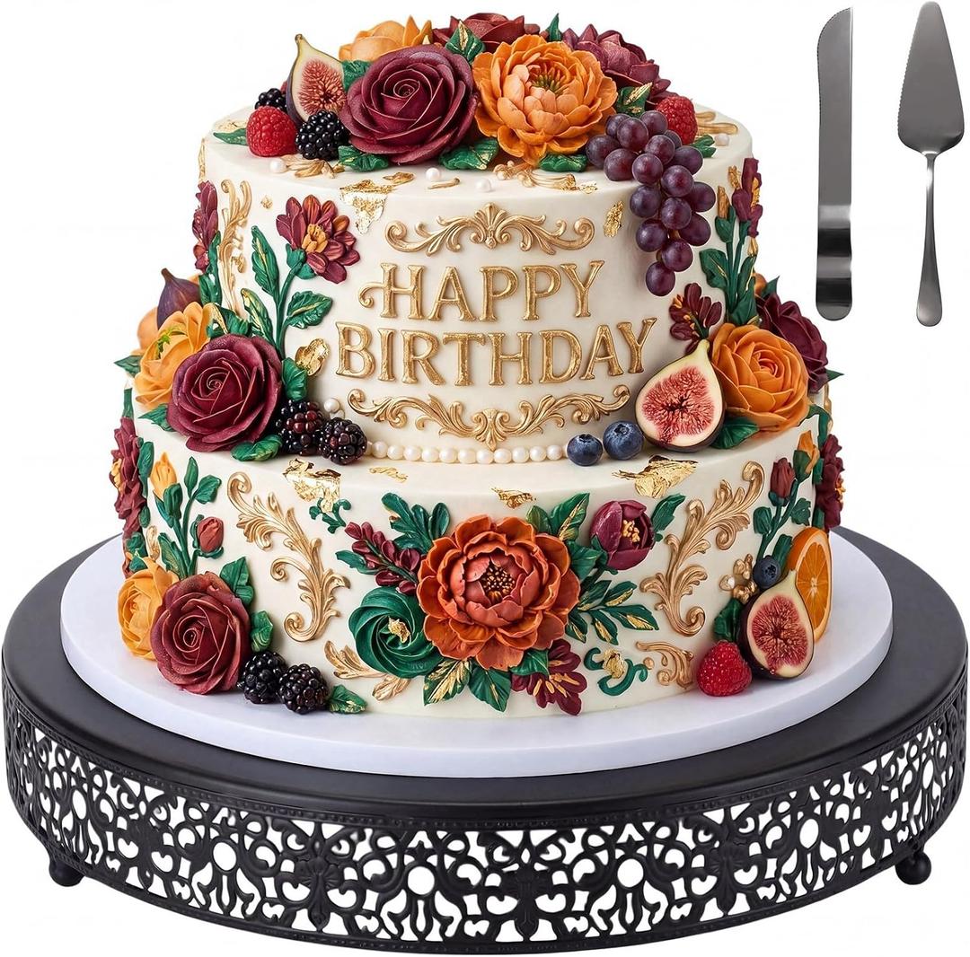 14 Inch Black Cake Stand Set Metal Round Cupcake Dessert Stand with Cake Cutting, Spatula Wedding Cupcake Pastry Display Candy Holder Display for Wedding Party Birthday Baby Shower(Classic)