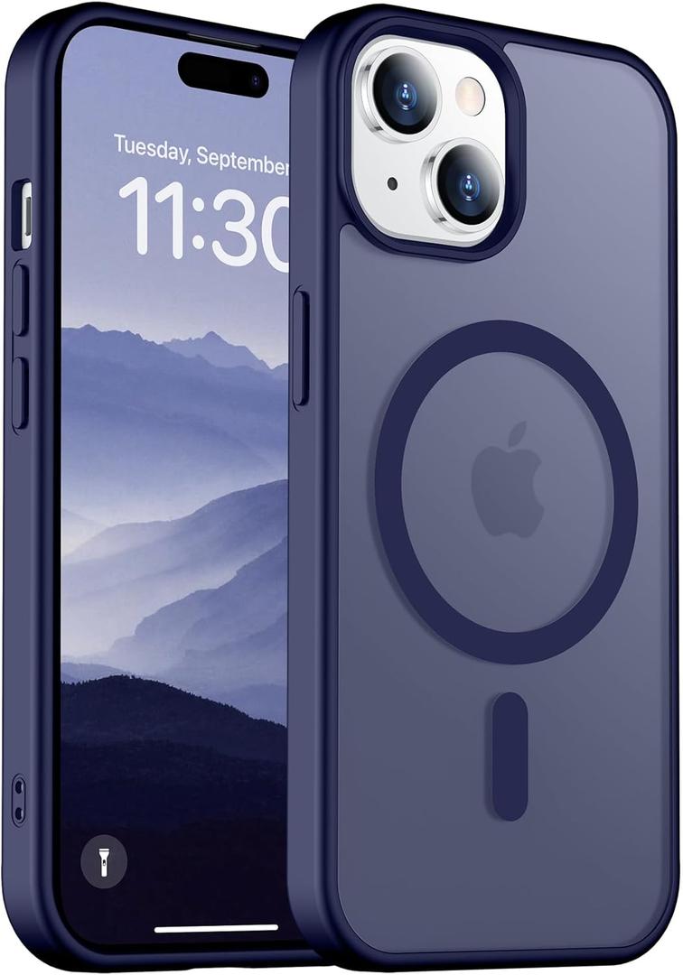 Designed for Magnetic iPhone 14 Case & iPhone 15 Case,[Compatible with MagSafe] [Military Grade Drop Protection] Slim Translucent Matte Shockproof with Anti-Fingerprint Phone Case 6.1"-Seablue