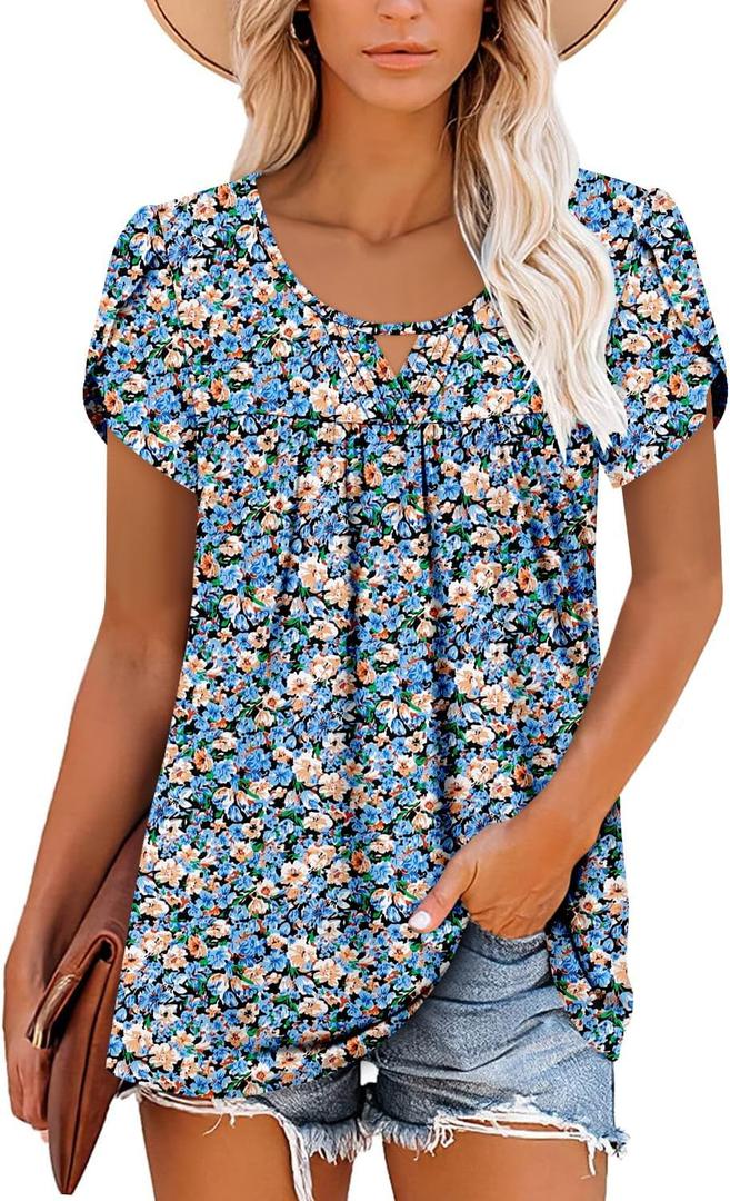 onlypuff Womens T Shirts Short Sleeve Pleated Floral Tunic Tops Dressy Casual Crew Neck Summer Boho Tops Blouses (Blue, L)