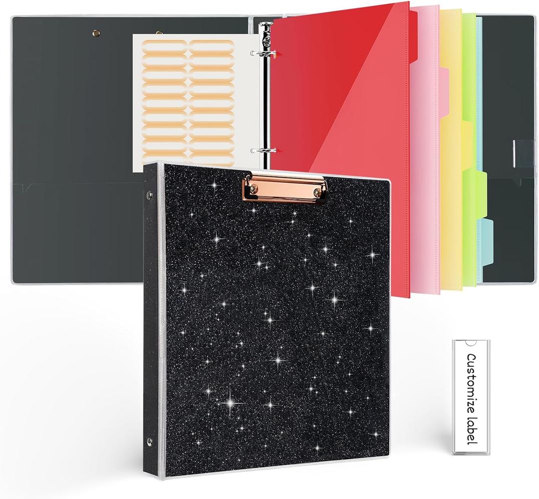 3 Ring Binder 1 Inch, Cute for Letter Size with 5 Color Tab Dividers and Low Profile Clipboards, Glitter 2 Interior Pockets, Trapper Keeper Recipe Binders, Black, T1035