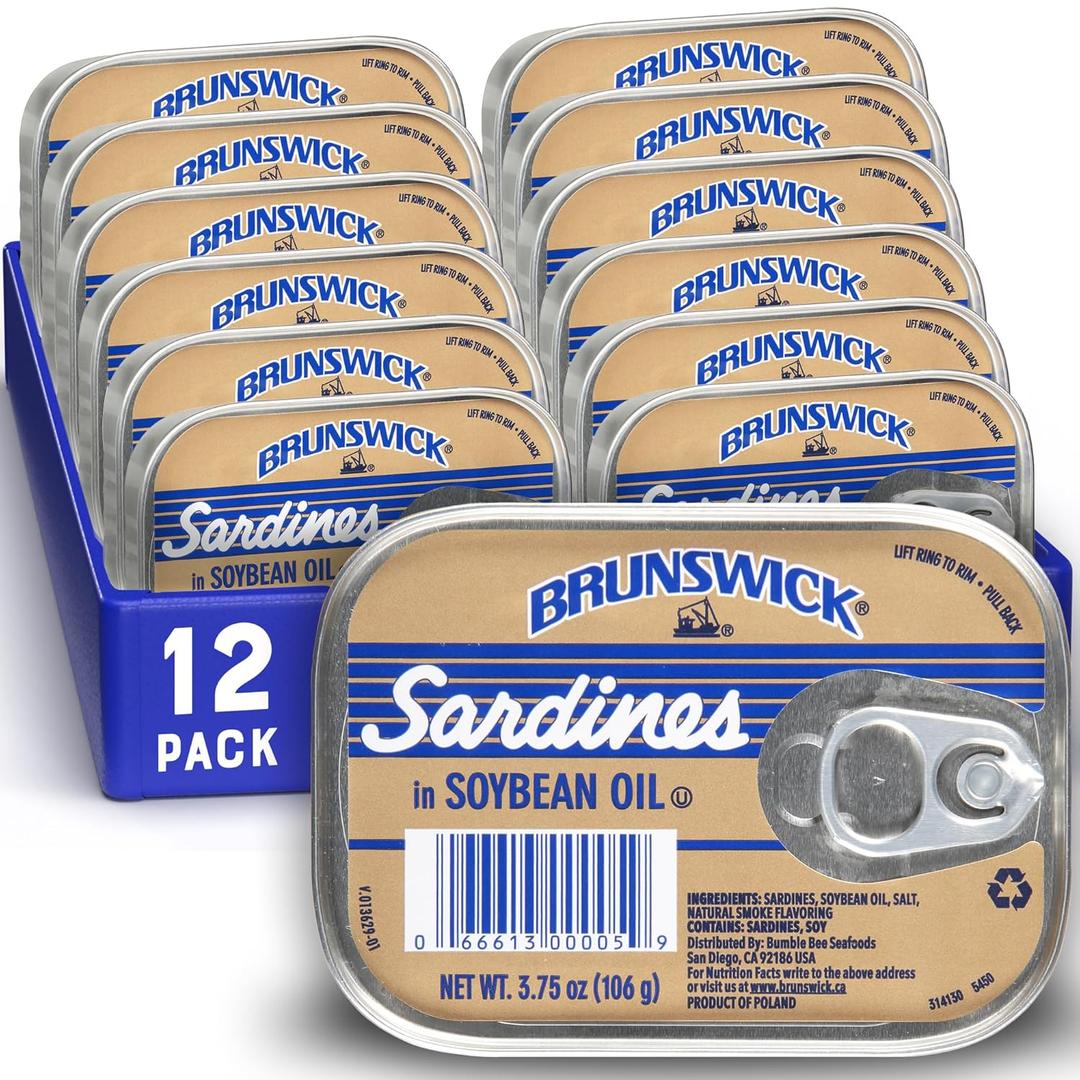 Brunswick Wild Caught Sardines in Soybean Oil, 3.75 oz Can (Pack of 12) - 14g Protein per Serving - Gluten Free, Keto Friendly, Kosher (BBD: Jan/2031)