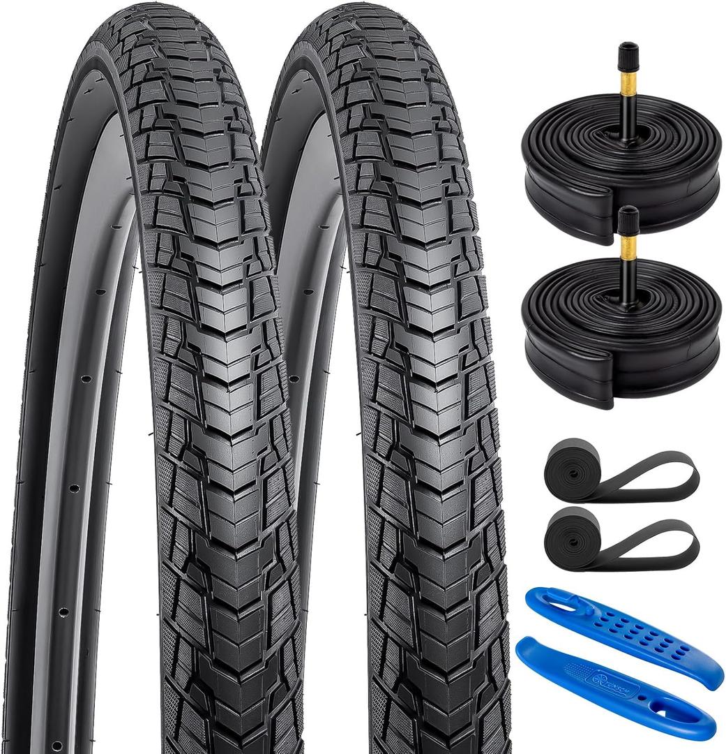 YUNSCM 2-PCS 700C Road Bike Tires 700x38C/40-622 and 700C Bike Tubes Schrader Valve with 2 Rim Strips Compatible with 700x36C 700x37C 700 x 38C 700x39C 700x40C Bike Bicycle Tires and Tubes (Y-1128)