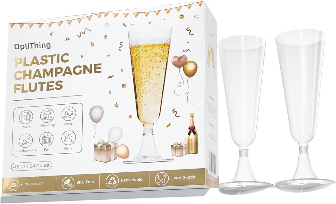 24-Pack Disposable Plastic Champagne Flutes  4.5 Oz Clear Mimosa Glasses for Weddings, New Year, Birthdays, Engagements, and Cocktail Parties  Elegant and Durable Toasting Cups, BPA-Free
