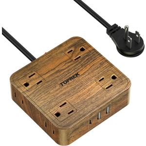 TOPREK Power Strip Surge Protector (1080J), 8 Widely-Spaced Outlets with 1 USB-C & 2 USB-A, Wood Finish Power Strip with USB for Home, Office, Dorm, Travel, 5 FT Extension Cord with Flat Plug