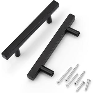 KNOBWELL 6 Pack 3-1/2" Black Cabinet Door Handles, Stainless Steel Kitchen Cupboard Dresser Drawer Handle Pulls, Hole Center 3.5in(90mm), Overall Length 5-3/5 inch