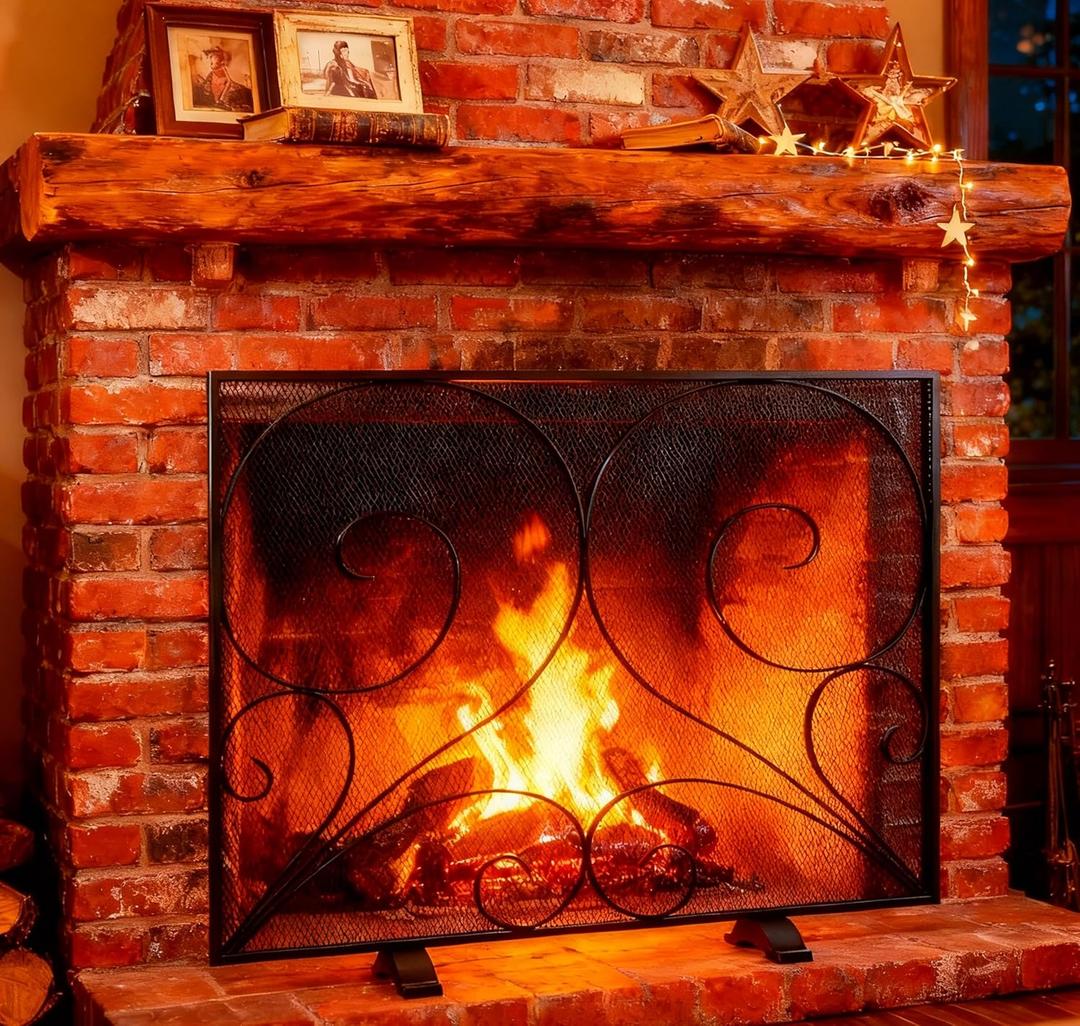 Fire Beauty Single Panel Fireplace Screen Handcrafted Solid Wrought Iron Mesh, Heat-Resistant Fire Spark Guard for Fireplace-Black