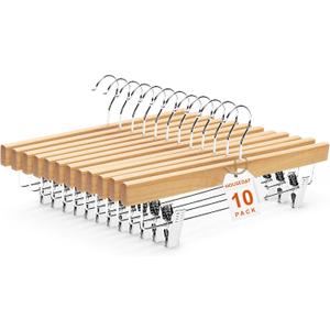 HOUSE DAY Wooden Pants Hangers with Clips, Solid Lotus Deluxe Wood Skirt Hangers, Heavy Duty & Anti-Rust Hook for Wrinkle-Free Slacks, Skirts, Jeans, Space Saving for Closet 10 Pack (Natural)