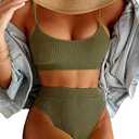 Lilosy High Waisted Tummy Control Bikini Ribbed Sporty Brazilian Swimsuit Set Women Highwaisted Cheeky Cut Leg Rise Bottom Crop Push Up Top 2 Piece Bathing Suit, Extra Large, Army Green