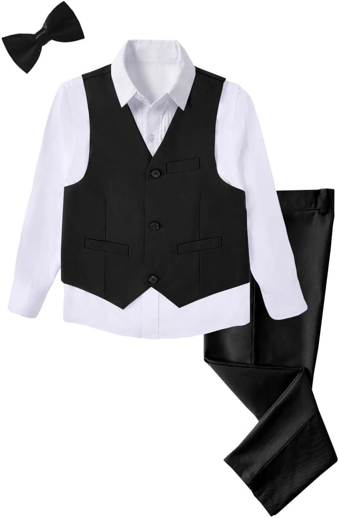 Boys 4-Pieces Suits Slim Fit Kids Outfits Vest Dress Pants Sets Formal Suit for Boy (Black 1)